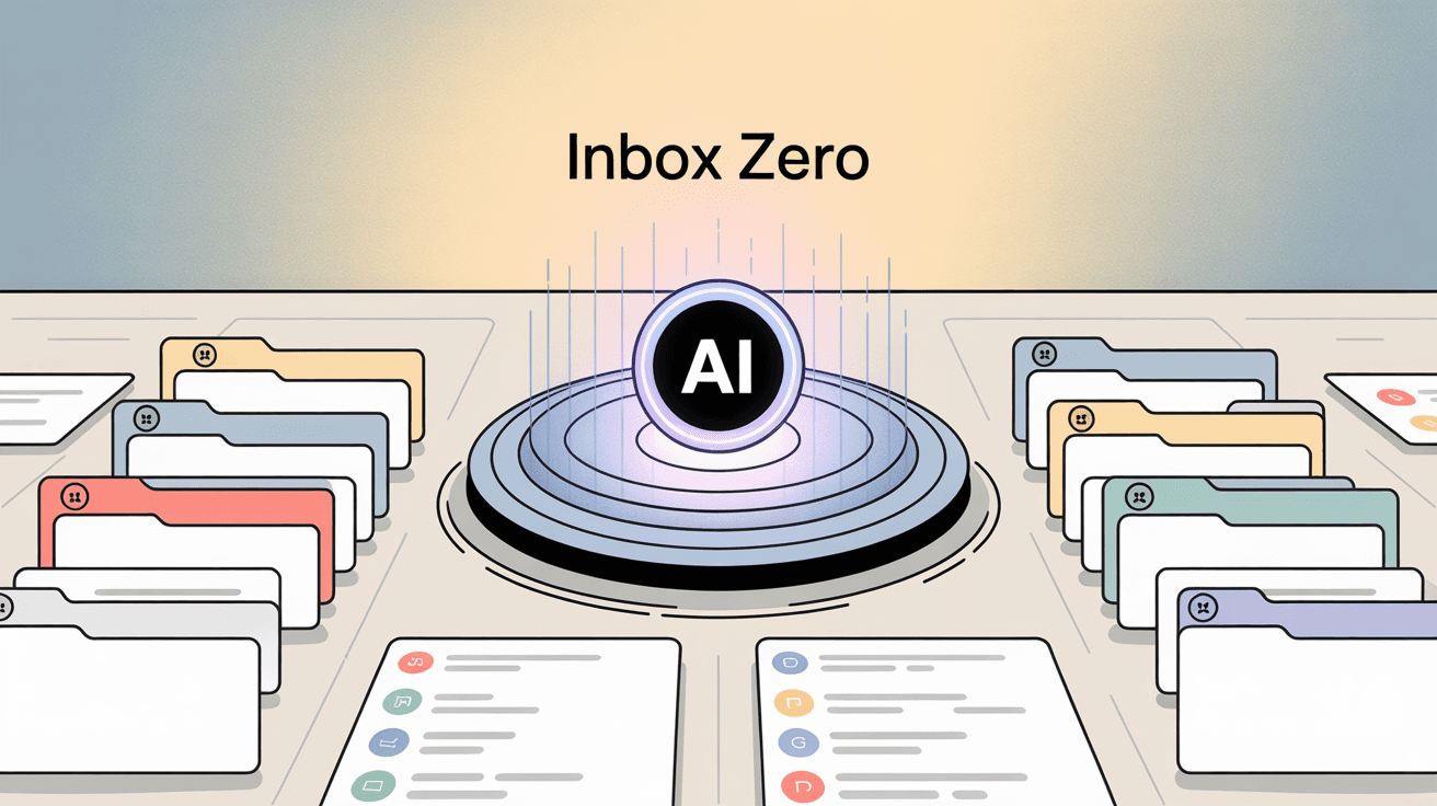 Inbox Zero email management dashboard showing AI automation, organized folders, and smart forwarding rules